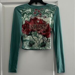SHEIN Green and Red Floral Long Sleeve Tee